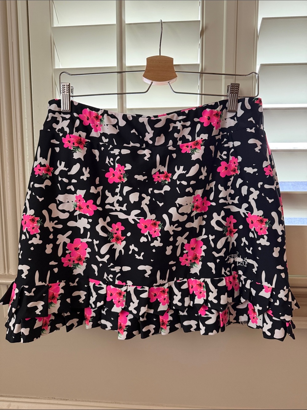 Tzu Tzu Black Mini Skort with Hot Pink Floral Print